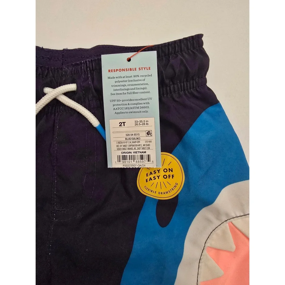 Cat & Jack Boys Shark Swim Trunks Navy Blue Coral UPF 50+ Flexible Drawstring